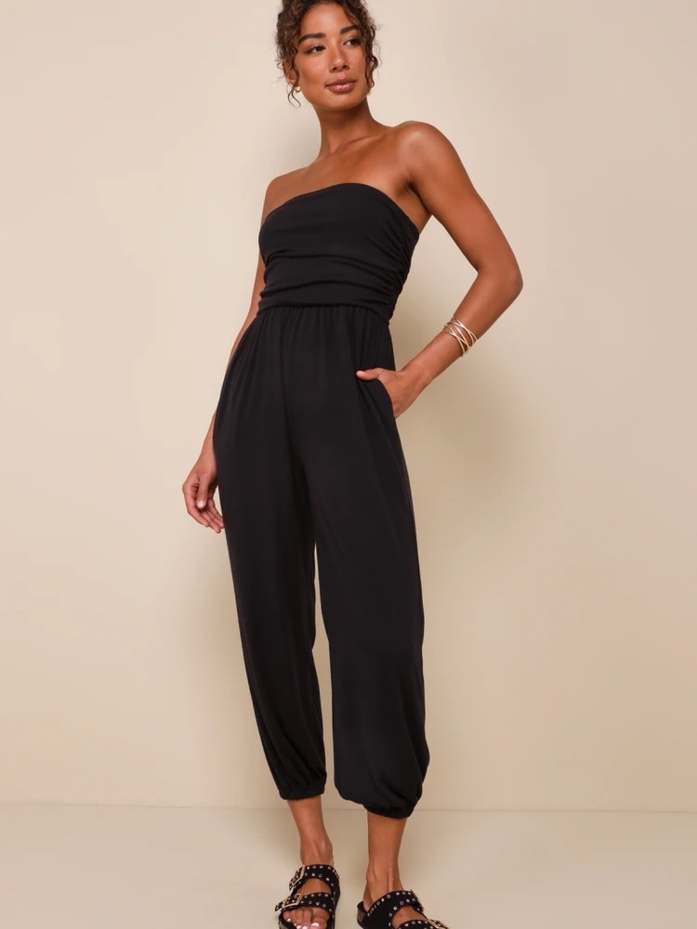 Lulus Flawless Comfort Black Ruched Strapless Jogger Jum